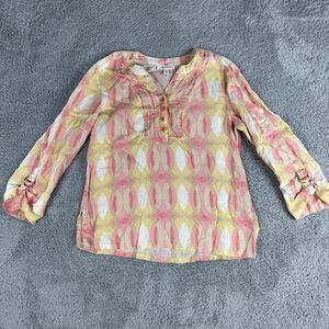 JM Collection Linen Colorful Geometric Tunic 14 Pink Yellow V Neck Roll Tab